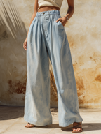 Light Wash Denim High-Waisted Wide-Leg Pants With Elastic Waist