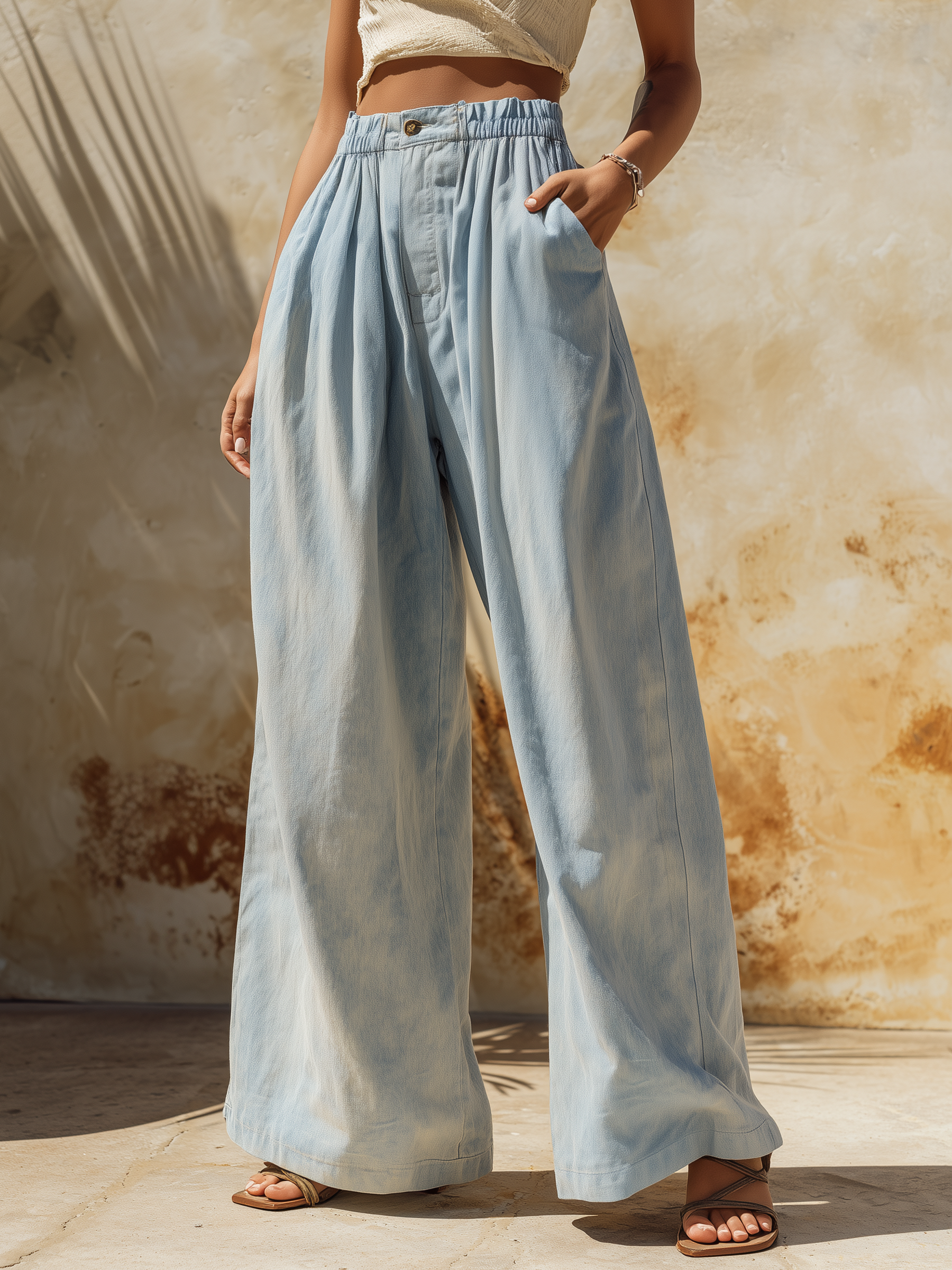 Light Wash Denim High-Waisted Wide-Leg Pants With Elastic Waist