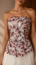 Strapless Gradient Floral Applique Pleated Tulle Evening Dress