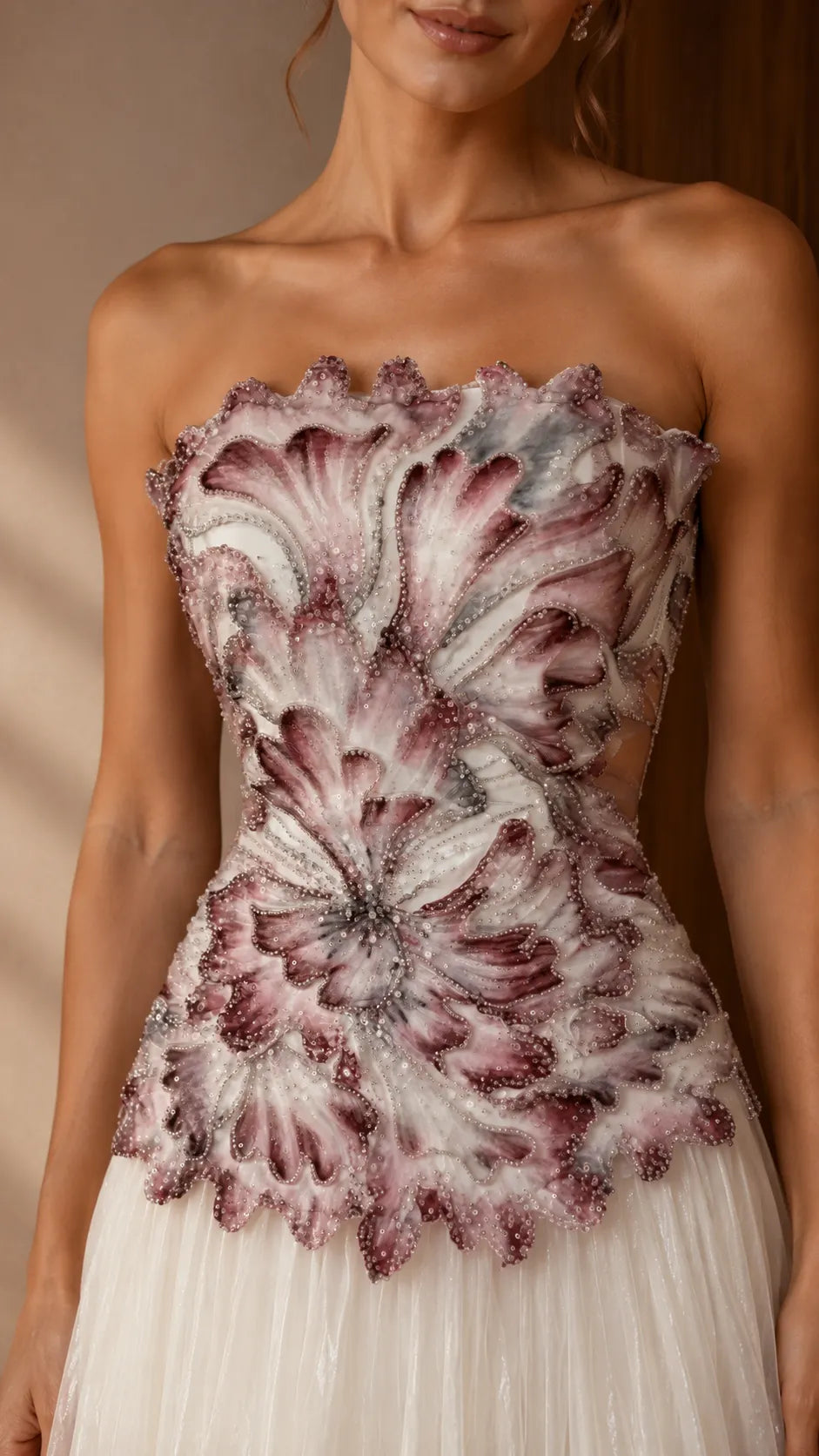Strapless Gradient Floral Applique Pleated Tulle Evening Dress