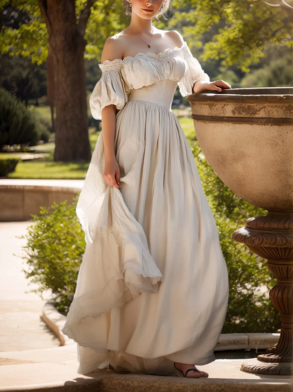 Linen Maxi Dress, Short Sleeve, Off The Shoulder, Plain, Vintage, Daily, White