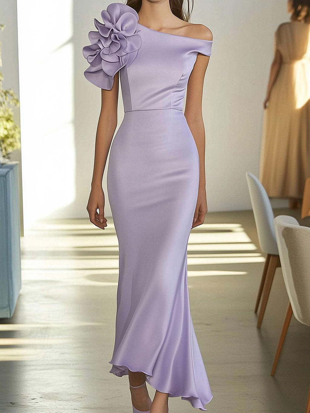 Glamorous Lavender Mermaid Dress with Floral Detail