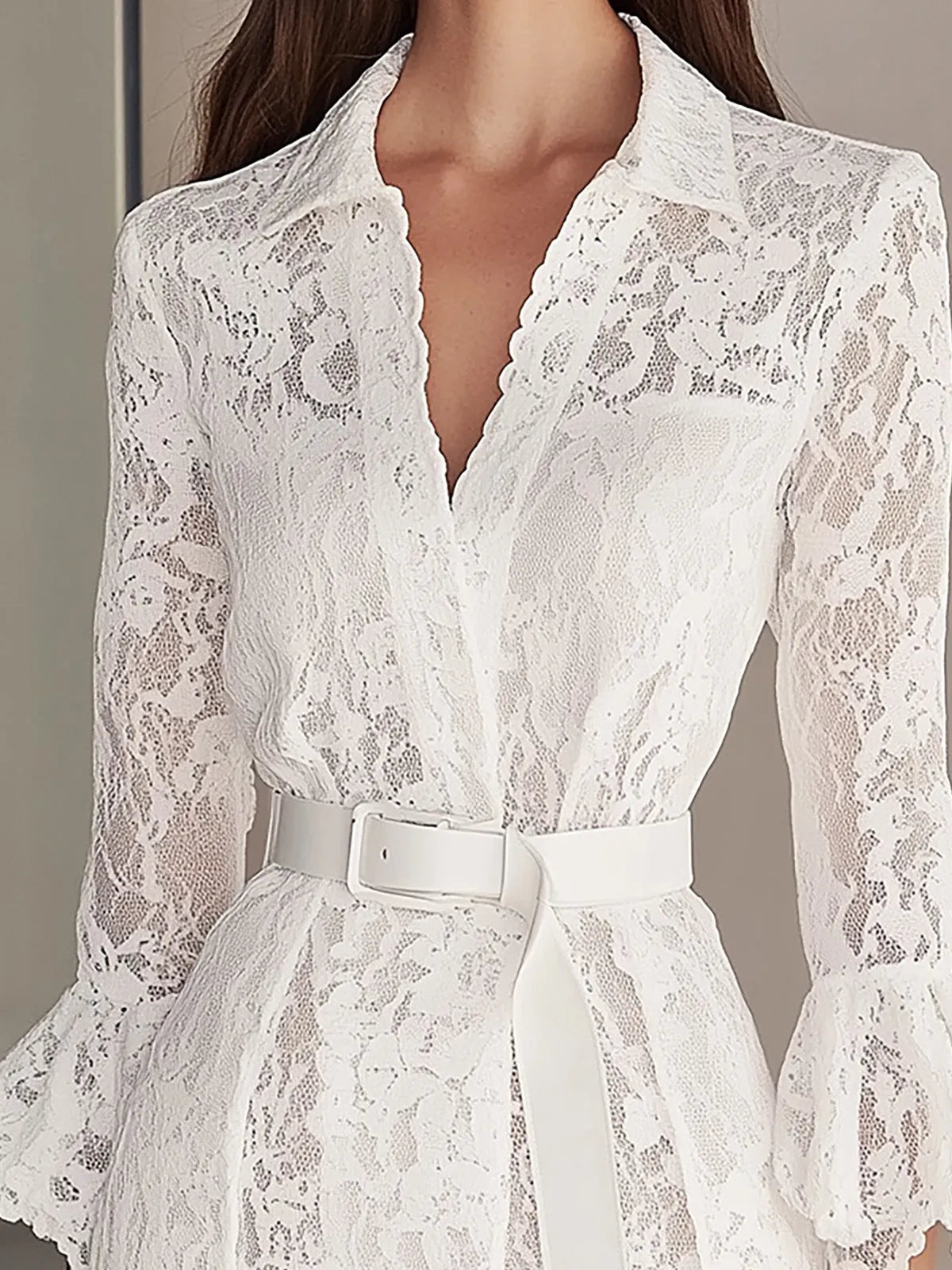 White Lace Shirtdress with Belt