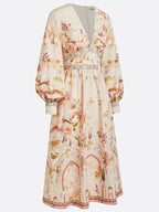 Apricot Floral Ruched Classic V Neck Long Sleeve Puff Sleeve A-Line Midi Dress