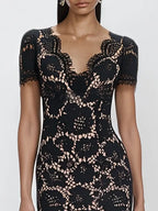 Black Lace Edge Cotton V Neck Short Sleeve Mermaid Midi Dress
