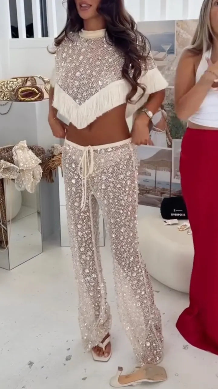 Sequin Fringe Mesh Two‑Piece Set