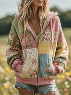 Women's Vintage Floral Patchwork Cozy Knit Hooded Zipper Sweater