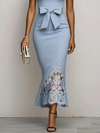 Light Blue Bow Lace Classic Sweetheart Neckline Sleeveless Mermaid Maxi Dress