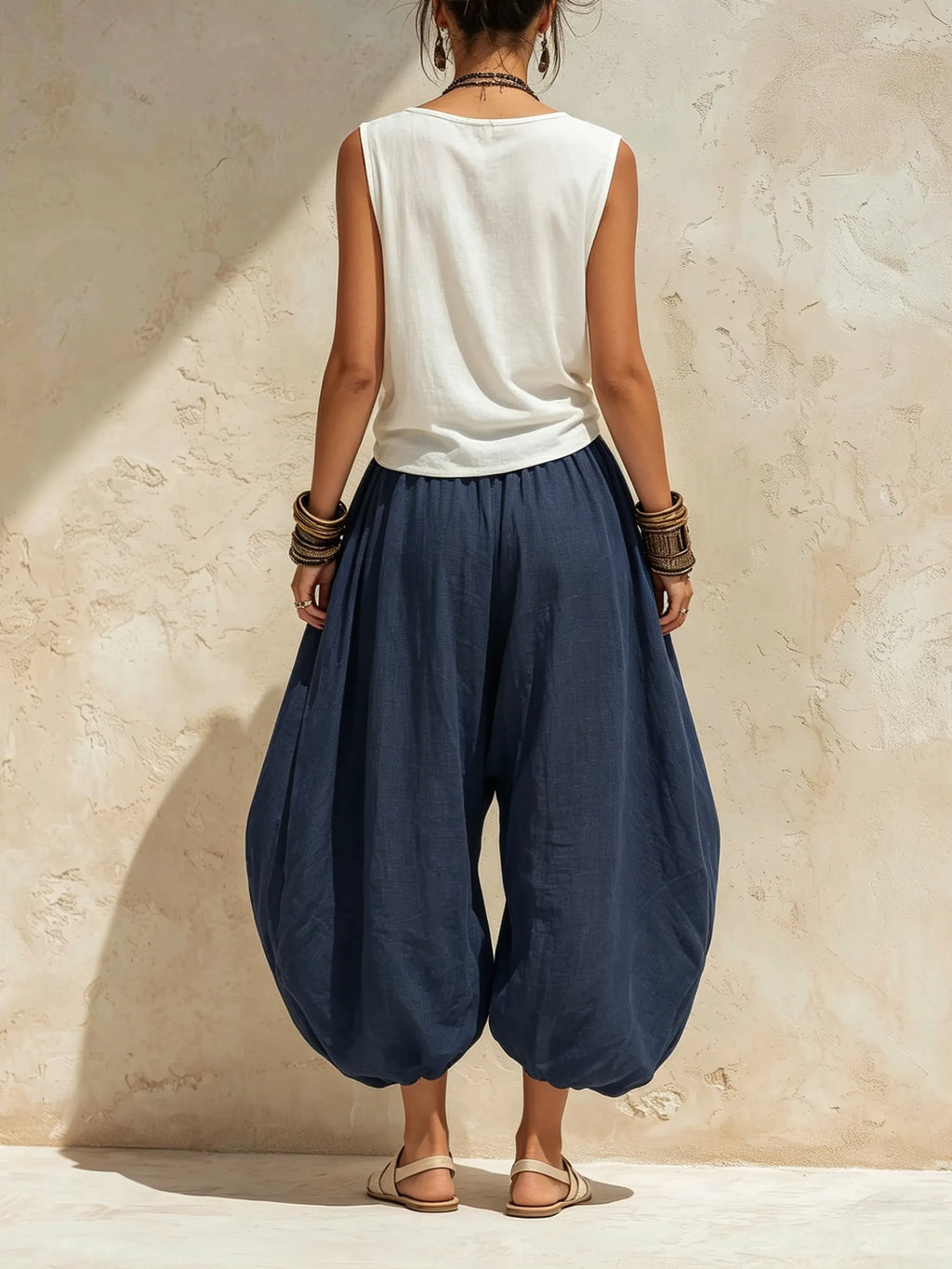 Navy Blue Linen Drawstring Harem Pants