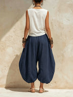 Navy Blue Linen Drawstring Harem Pants