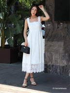 White Lace Classic Square Neck Sleeveless A-Line Maxi Dress