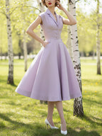Midi Linen Dress, Sleeveless, Lapel Collar, Plain, Button Design, French Vintage, Light Purple