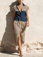 Denim & Stripe Color-Block Shirt Dress | Button-Front Midi Dress