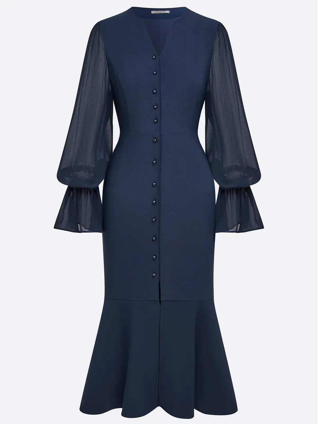 Purplish Blue Buckle Classic V Neck Long Sleeve Bell Sleeve Mermaid Midi Dress