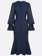 Purplish Blue Buckle Classic V Neck Long Sleeve Bell Sleeve Mermaid Midi Dress