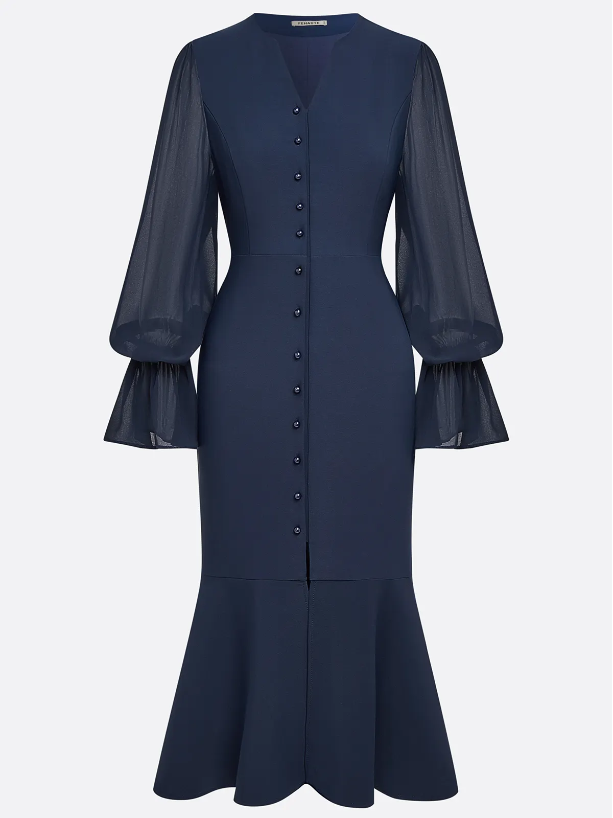 Purplish Blue Buckle Classic V Neck Long Sleeve Bell Sleeve Mermaid Midi Dress