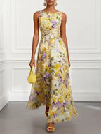 Yellow Floral Ruched Chiffon Boat Neck Sleeveless A-Line Maxi Dress