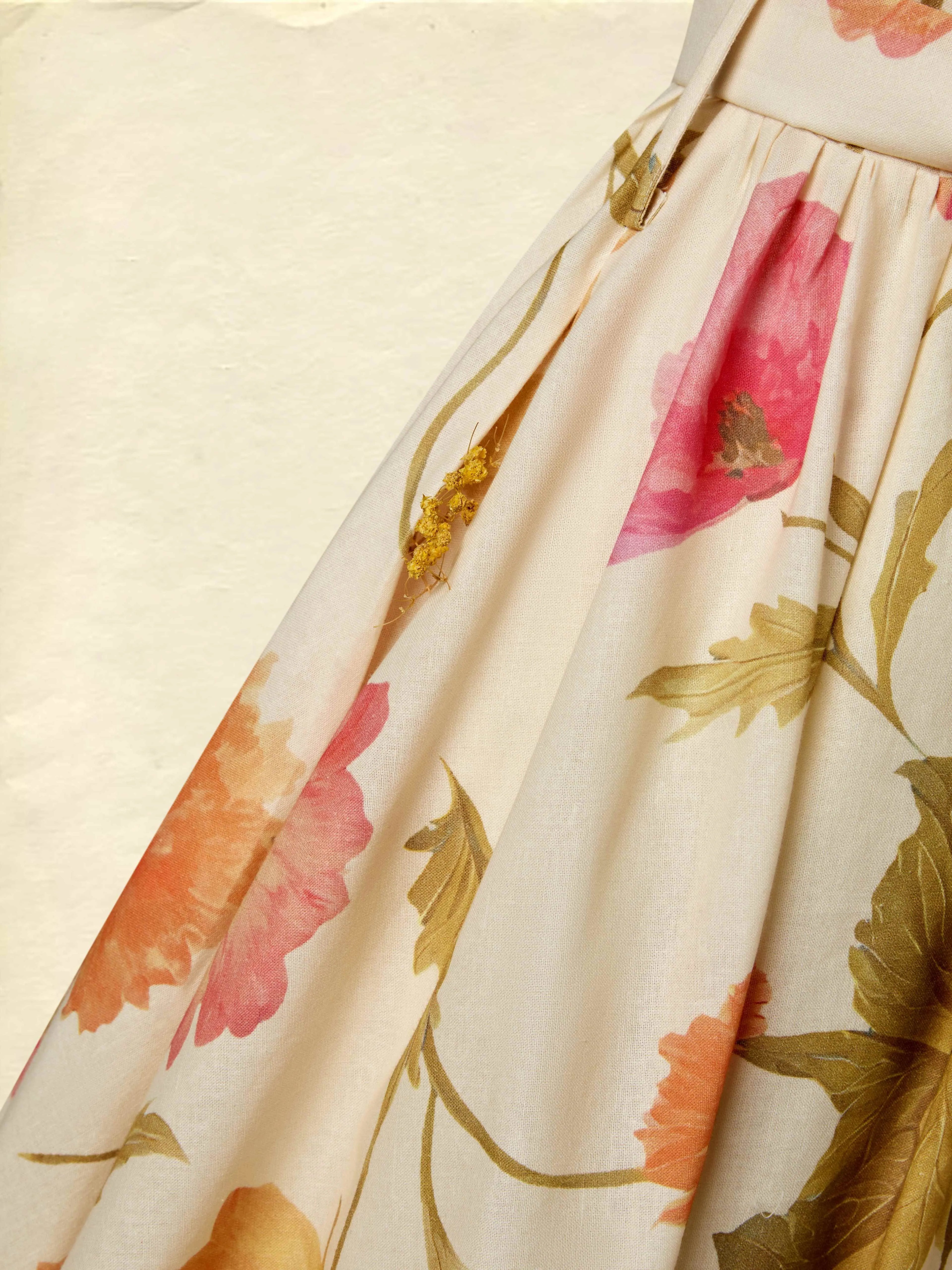 Maxi Cotton Dress, Sleeveless, V Neck, Floral, Belt Design, Vacation, Vintage, Apricot