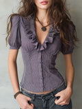 Retro Striped Ruffle Neckline Short Sleeve Blouse