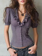 Retro Striped Ruffle Neckline Short Sleeve Blouse