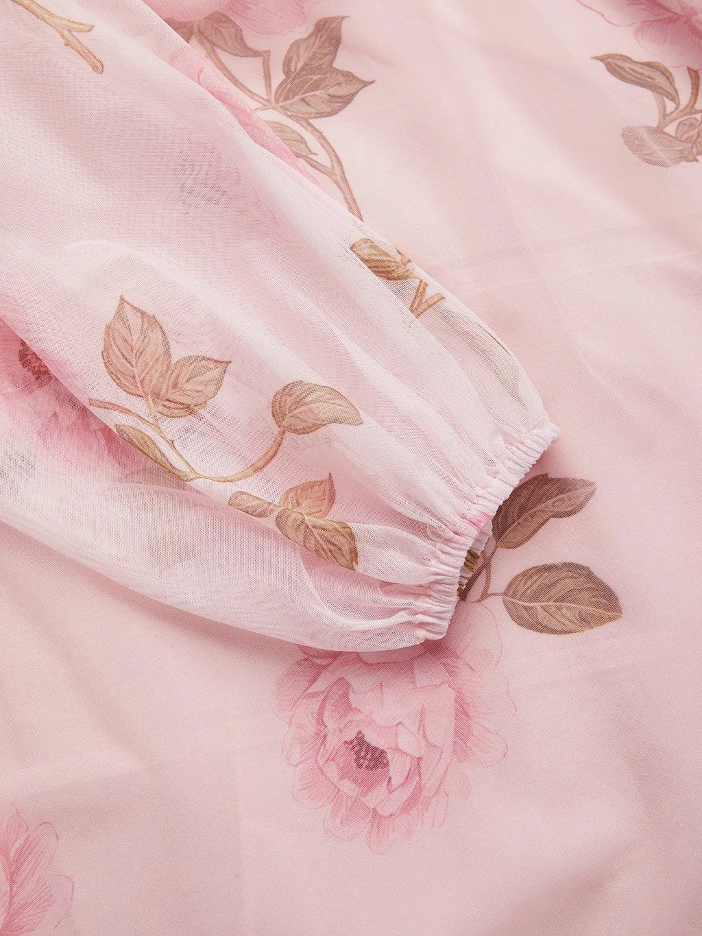 Pink Floral Tulle V Neck Long Sleeve Balloon Sleeve A-Line Midi Dress
