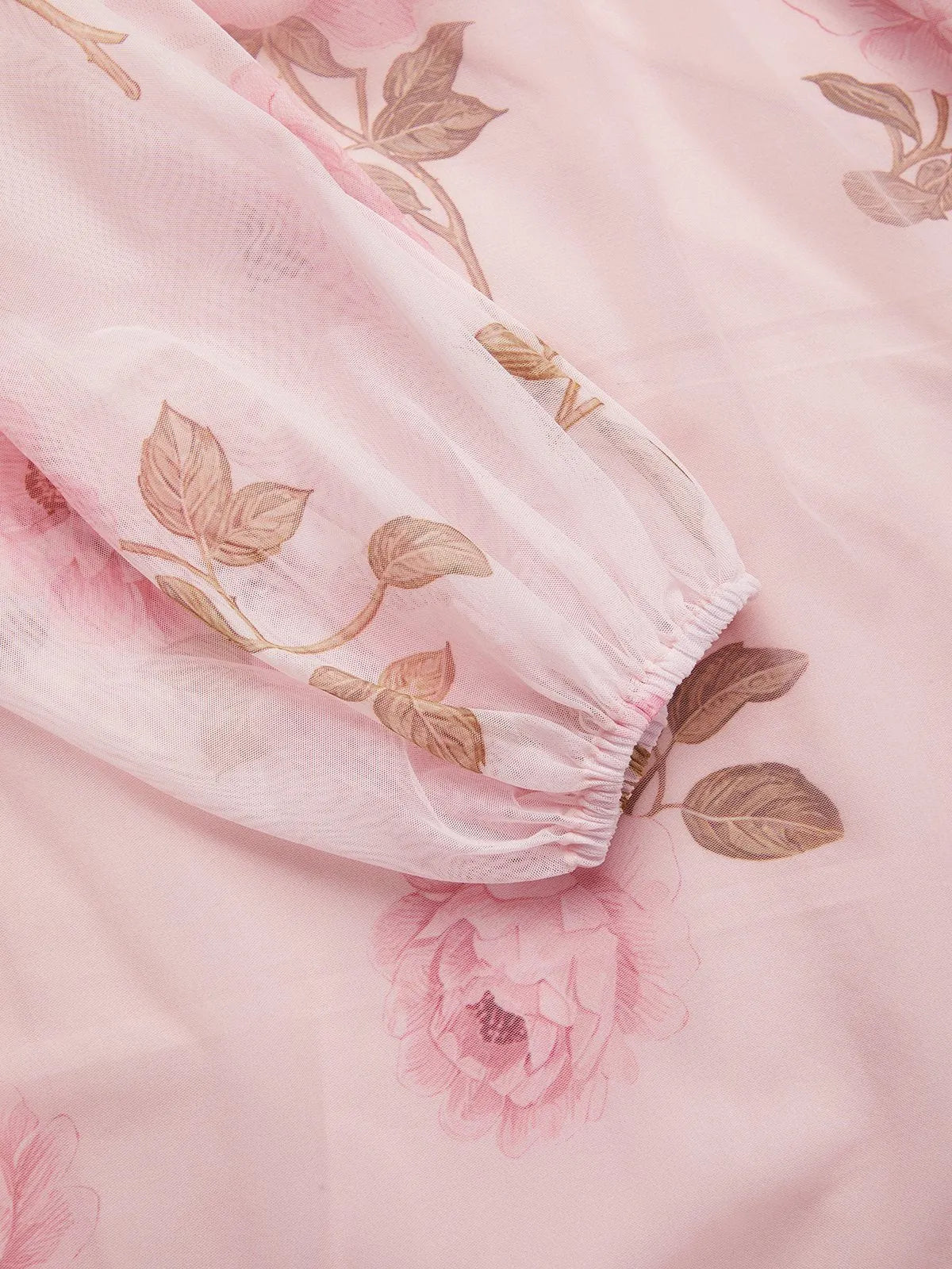 Pink Floral Tulle V Neck Long Sleeve Balloon Sleeve A-Line Midi Dress