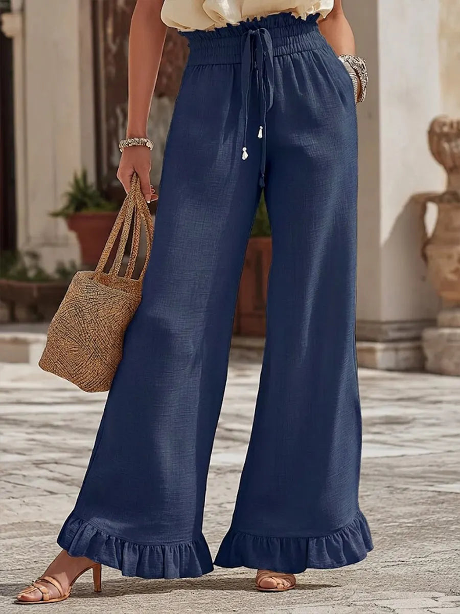 Casual Elastic-waist Linen-cotton Ruffled Pants