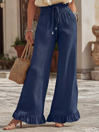 Casual Elastic-waist Linen-cotton Ruffled Pants