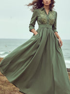 Maxi Linen Dress, Long Sleeves, Shawl Collar, Plain, Lace, Vacation, Vintage, Green