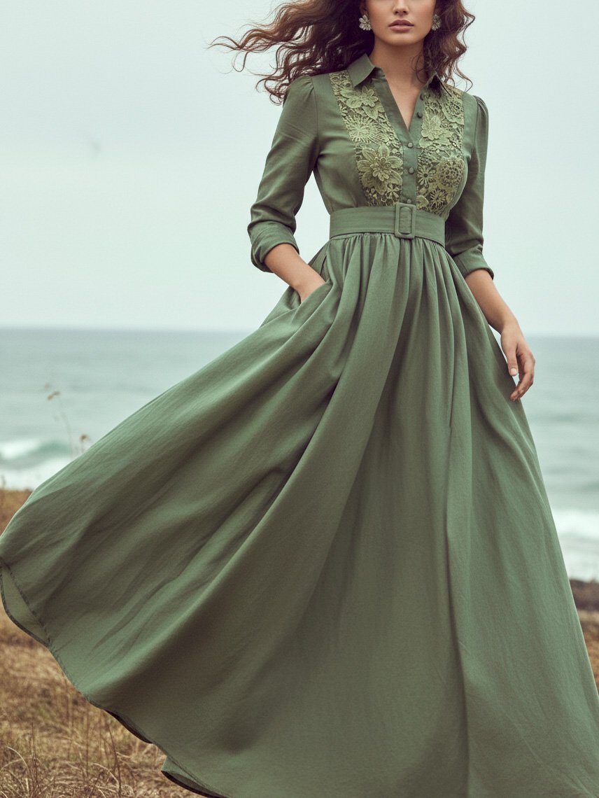 Maxi Linen Dress, Long Sleeves, Shawl Collar, Plain, Lace, Vacation, Vintage, Green