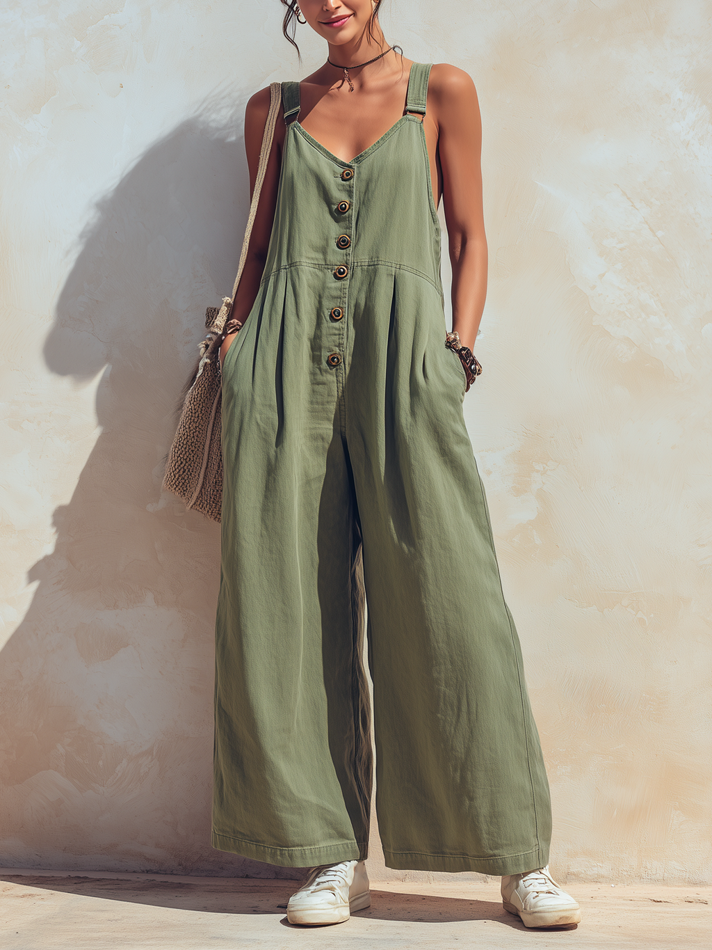 V-Neck Button Front Wide-Leg Denim Overalls