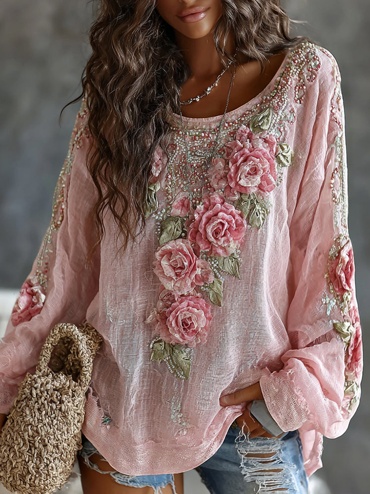 Women's Floral Embroidered Art Print Flowy Linen Blend Casual Tops