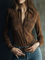 Western Brown Microsuede Button-Up Shirt With Pockets