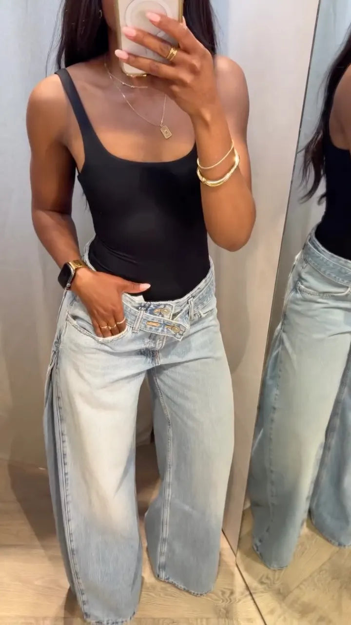 Wash Asymmetrical Waist Wide Leg Jeans