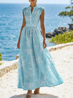 (SIZE:XS-XXL) Maxi Linen Dress , Cap Sleeves, Stand Collar, Floral, Lace, Vintage, Apricot