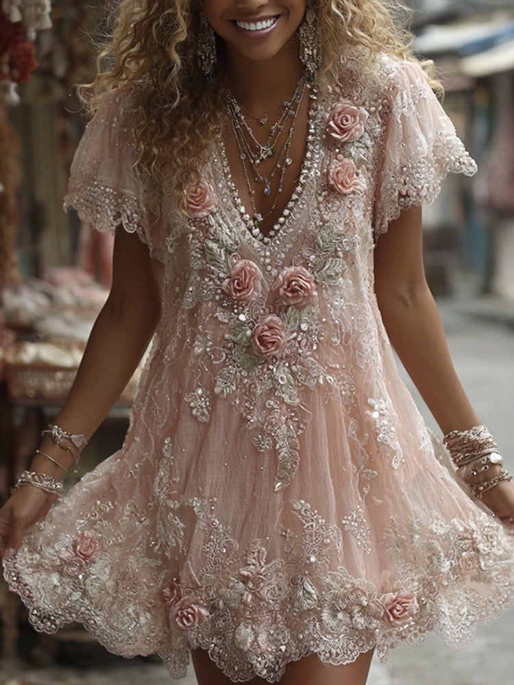 Women's Vintage Pink Flower Art V Neck Short Sleeve Midi Dress