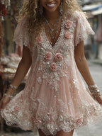 Women's Vintage Pink Flower Art V Neck Short Sleeve Midi Dress