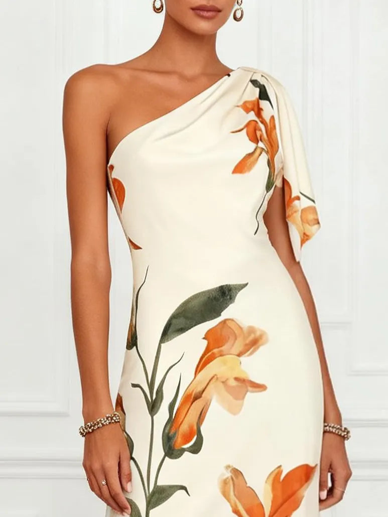 Off White Floral Peplum Satin One Shoulder Sleeveless A-Line Maxi Dress