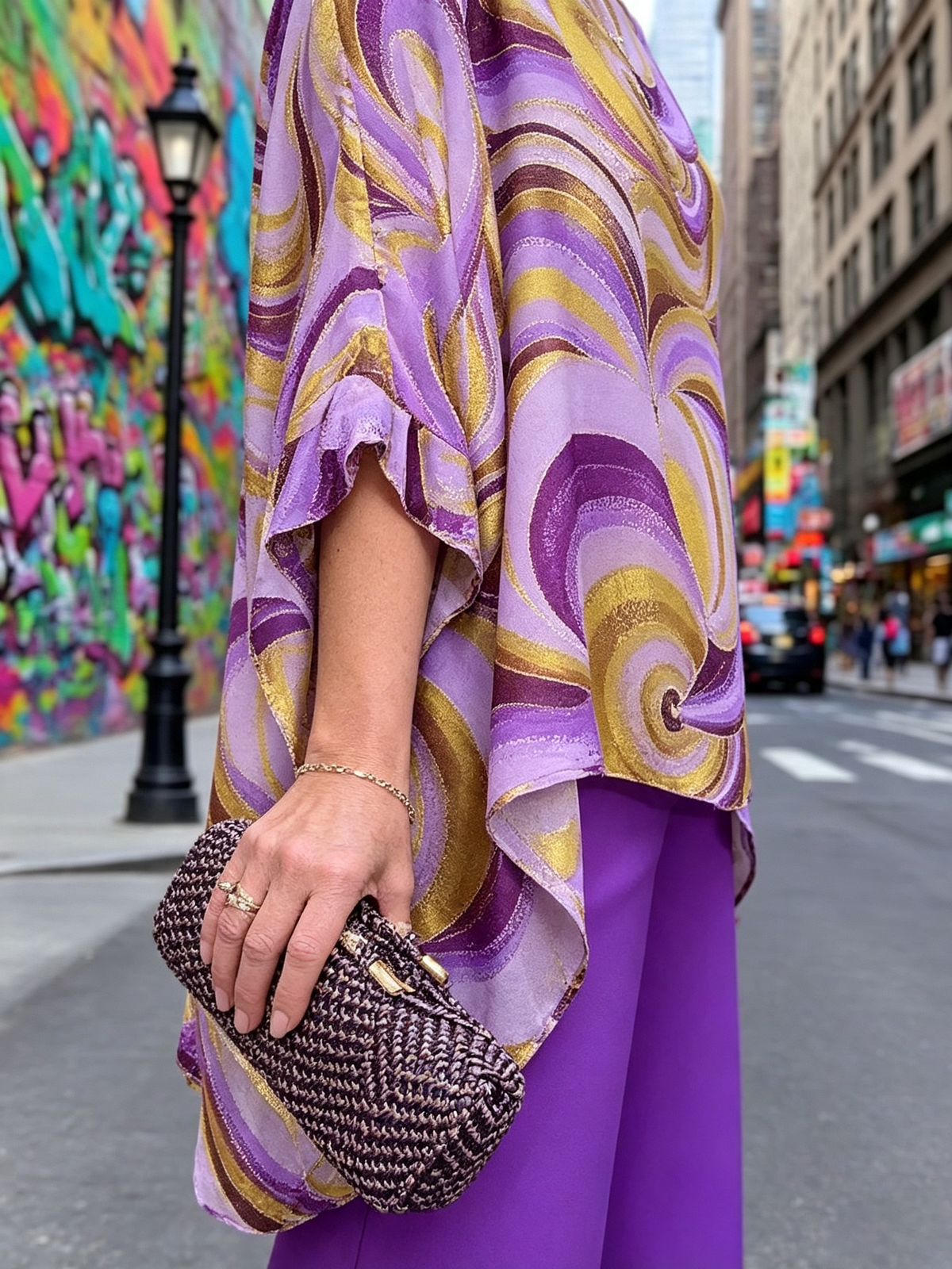 Vibrant Swirl Print Chiffon 2‐Piece Outfit, Loose Boat Neck Tunic Top & Bright Wide‐Leg Pants Set for Women