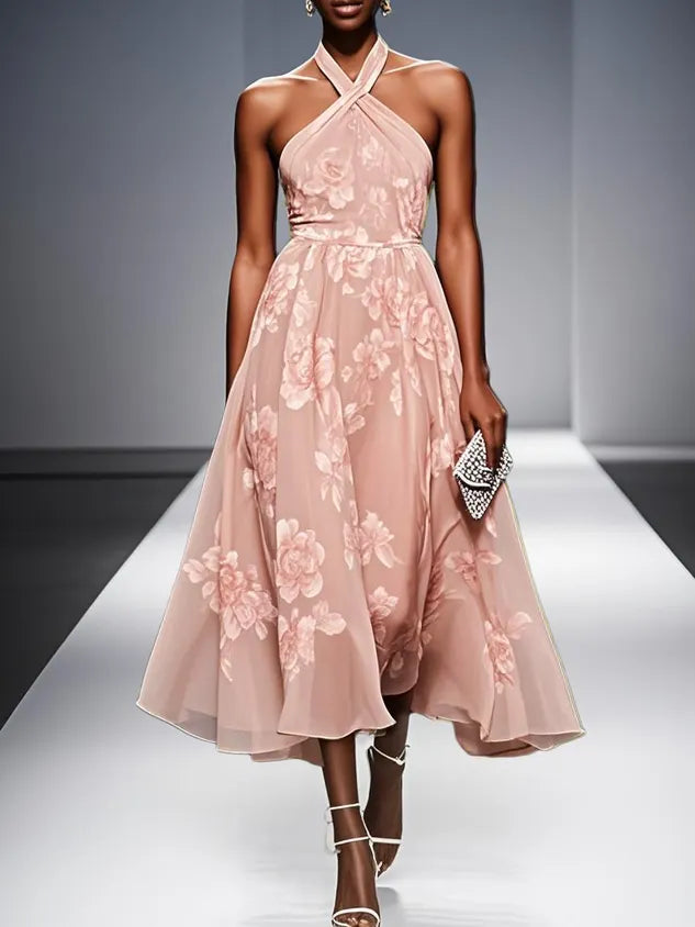 Yellow Floral Jacquard Chiffon Halter Sleeveless A-Line Midi Dress