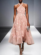 Yellow Floral Jacquard Chiffon Halter Sleeveless A-Line Midi Dress