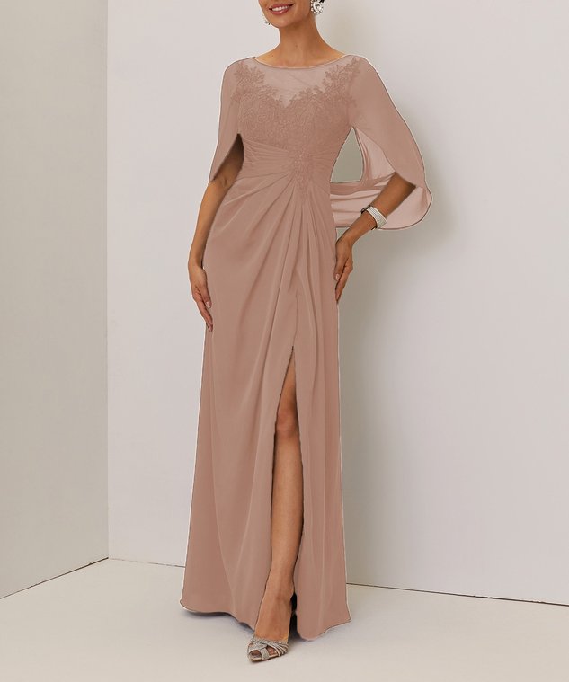 Purplish blue Lace Chiffon Boat Neck Short Sleeve A-Line Maxi Mother of the Bride or Groom Dress