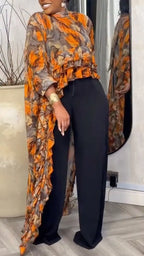 Ruffled Chiffon Printed Cape Top