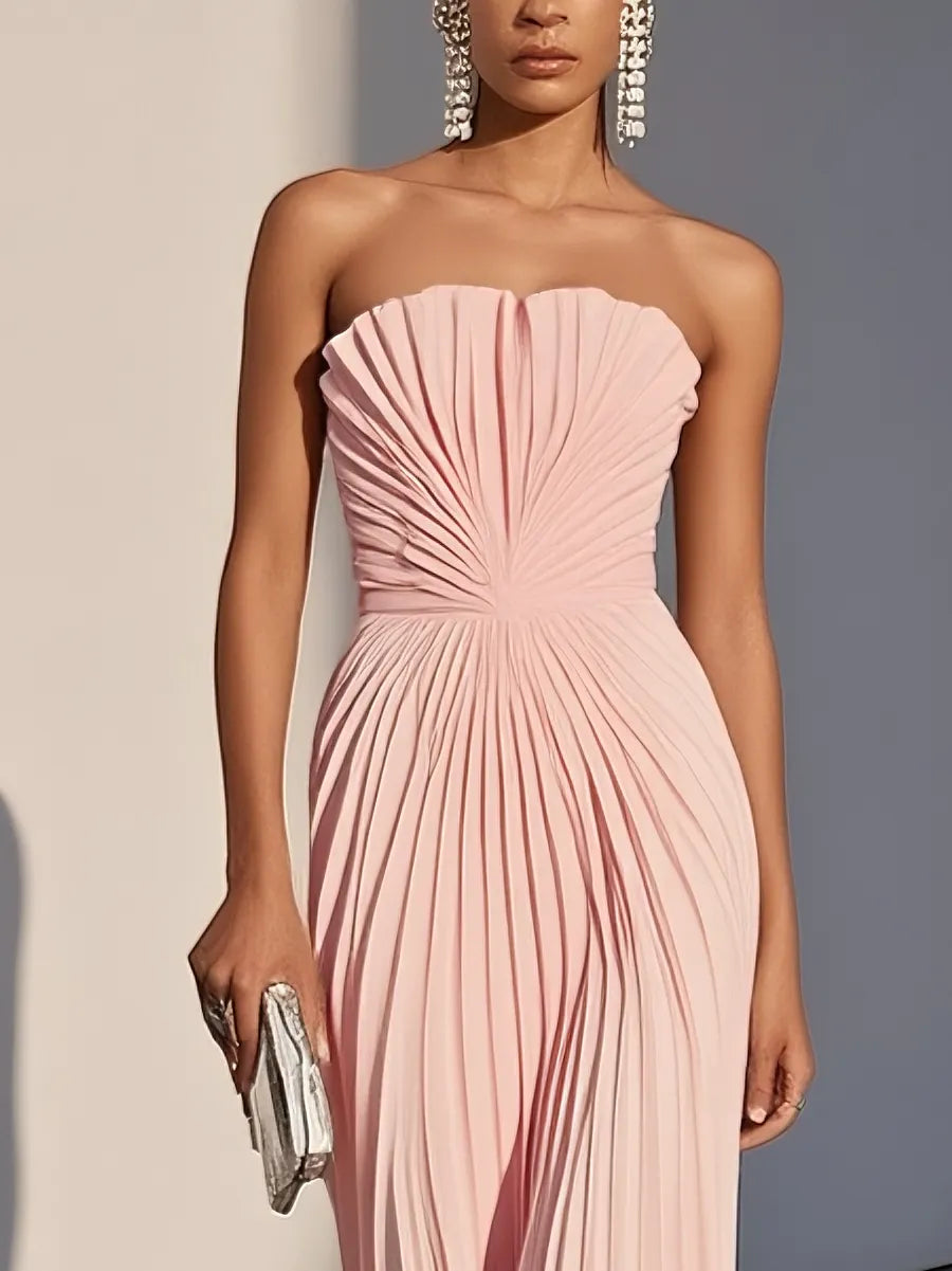 Pink Pleated Classic Strapless Sleeveless A-Line Maxi Dress