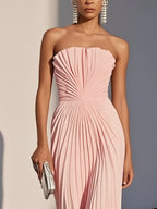 Pink Pleated Classic Strapless Sleeveless A-Line Maxi Dress