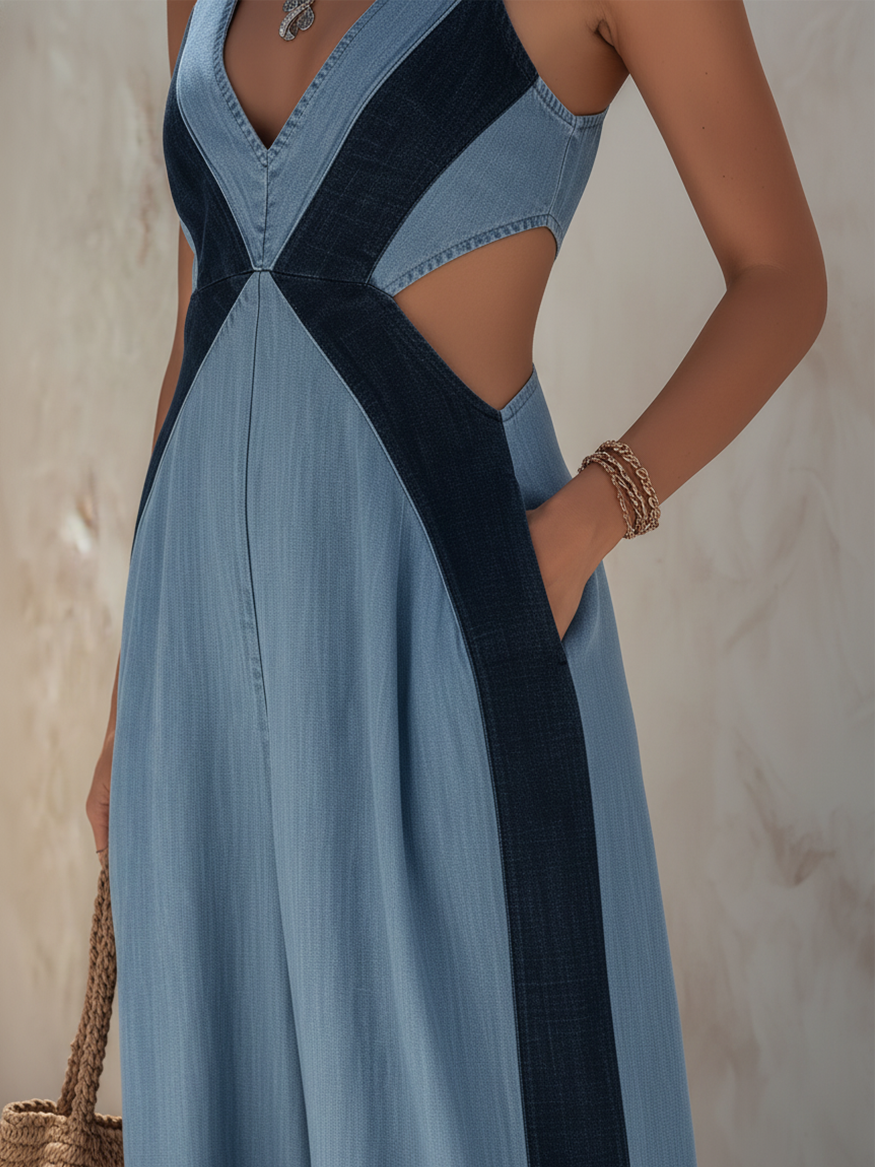 Light Blue Denim Colorblock Backless Wide Leg Jumpsuit