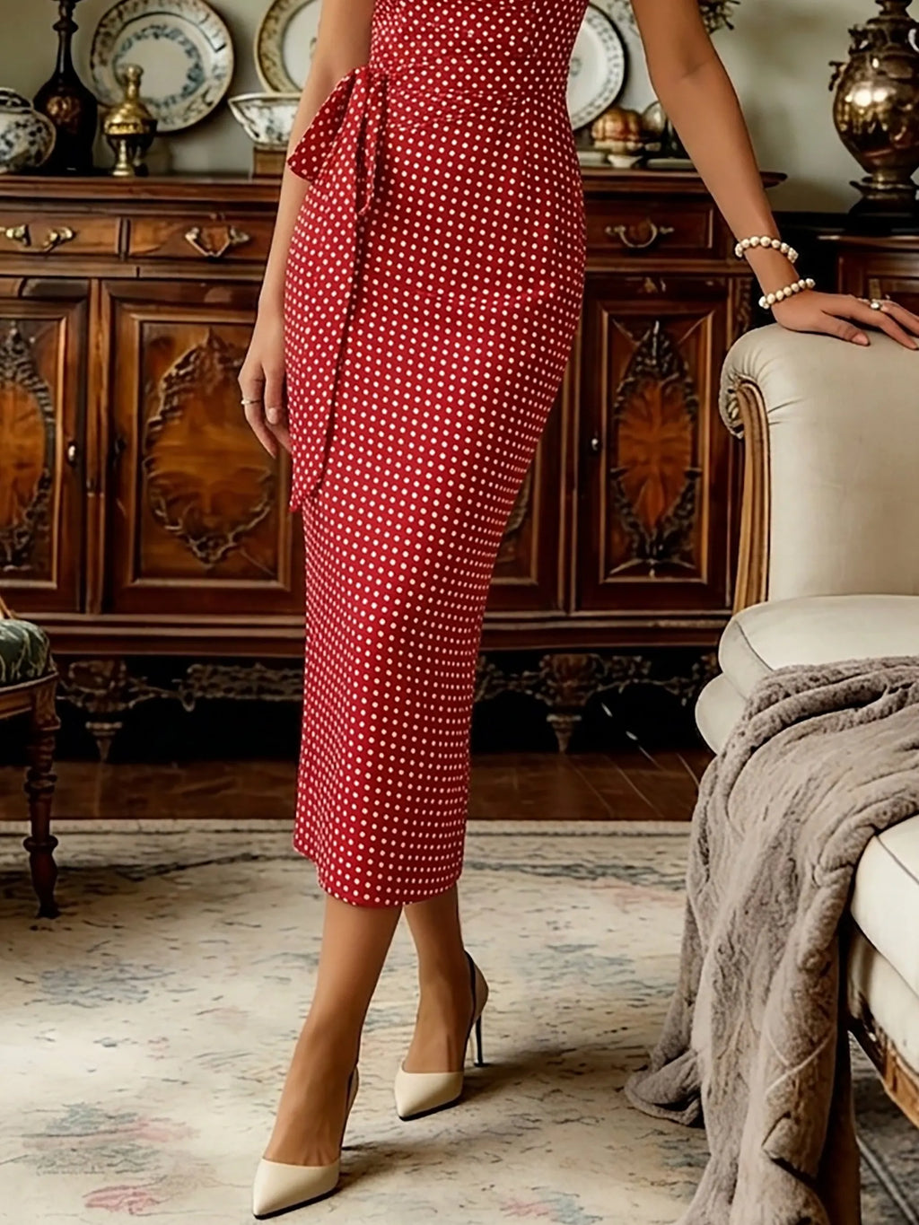 Midi Cotton Dress, Sleeveless, Round Neck, Polka Dots, Twist, French Vintage, Red