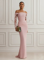 Pink Lace Knit Off The Shoulder Long Sleeve Sheath Gown Dress