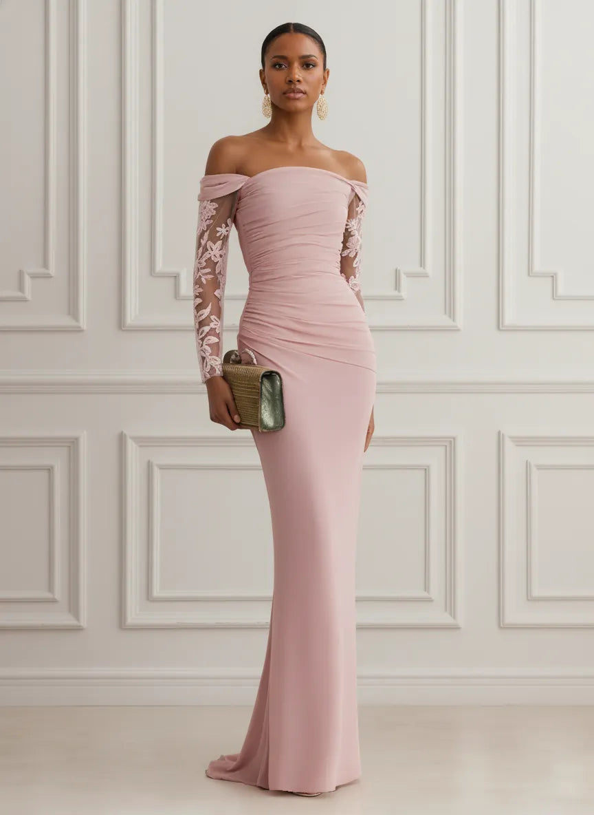 Pink Lace Knit Off The Shoulder Long Sleeve Sheath Gown Dress