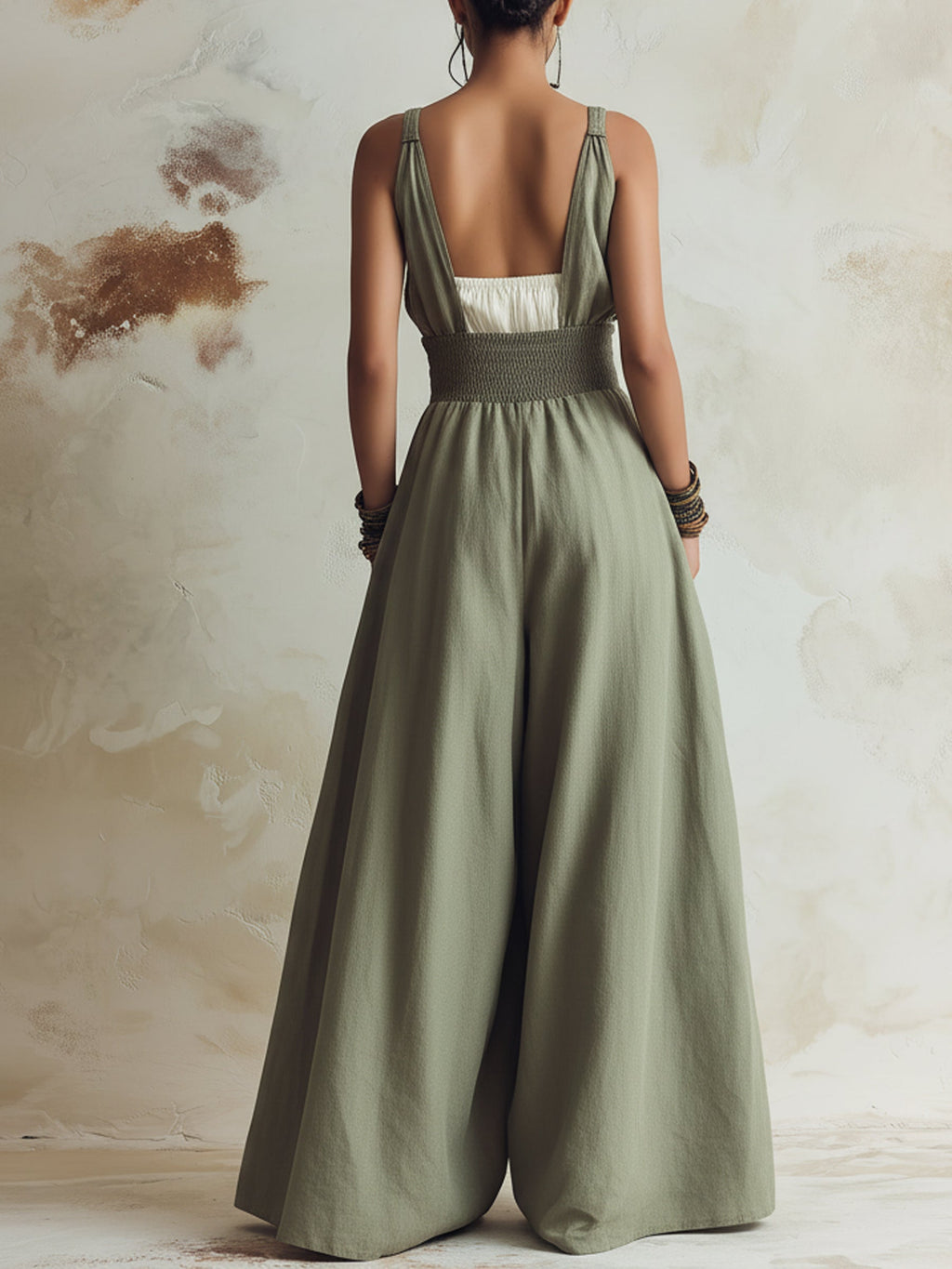 Olive Green Smocked Waist Wide-Leg Linen Jumpsuit With Pockets